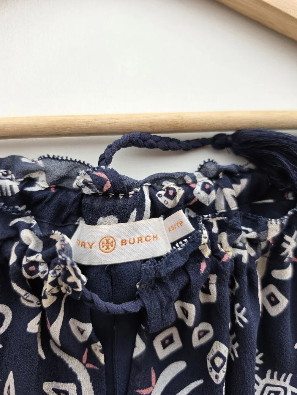 Tory Burch Silk Navy Blue Geometric Tribal Print Wide Leg Jumpsuit
